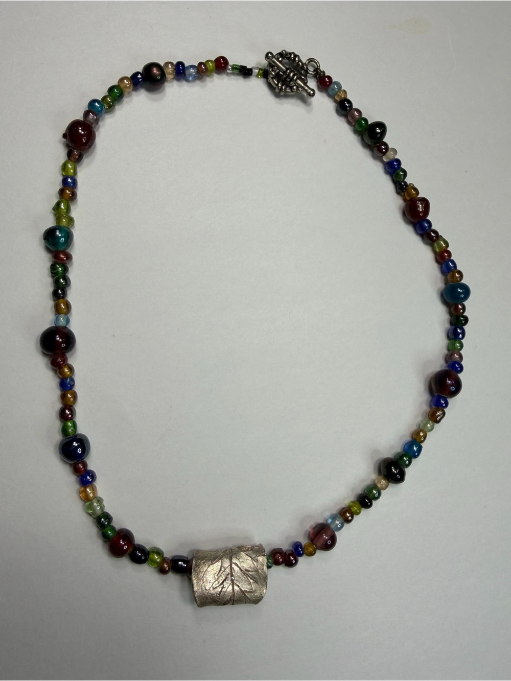 Handmade Multicolor Glass Bead Necklace with Silver Accent